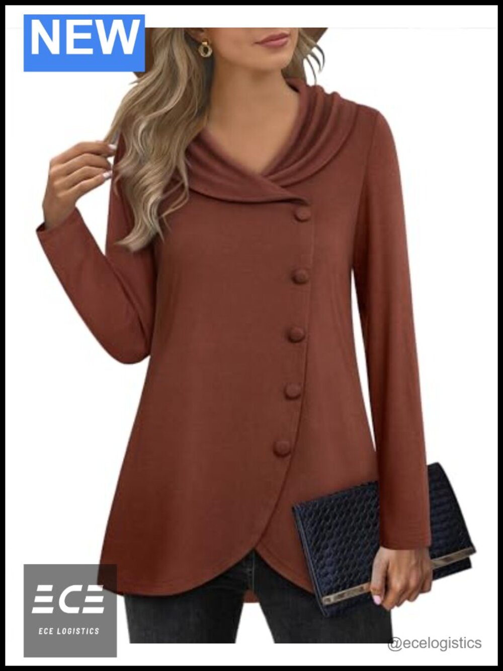 Womens Long Sleeve Tunic Sweater Cowl Neck Tulip Hem Pullover